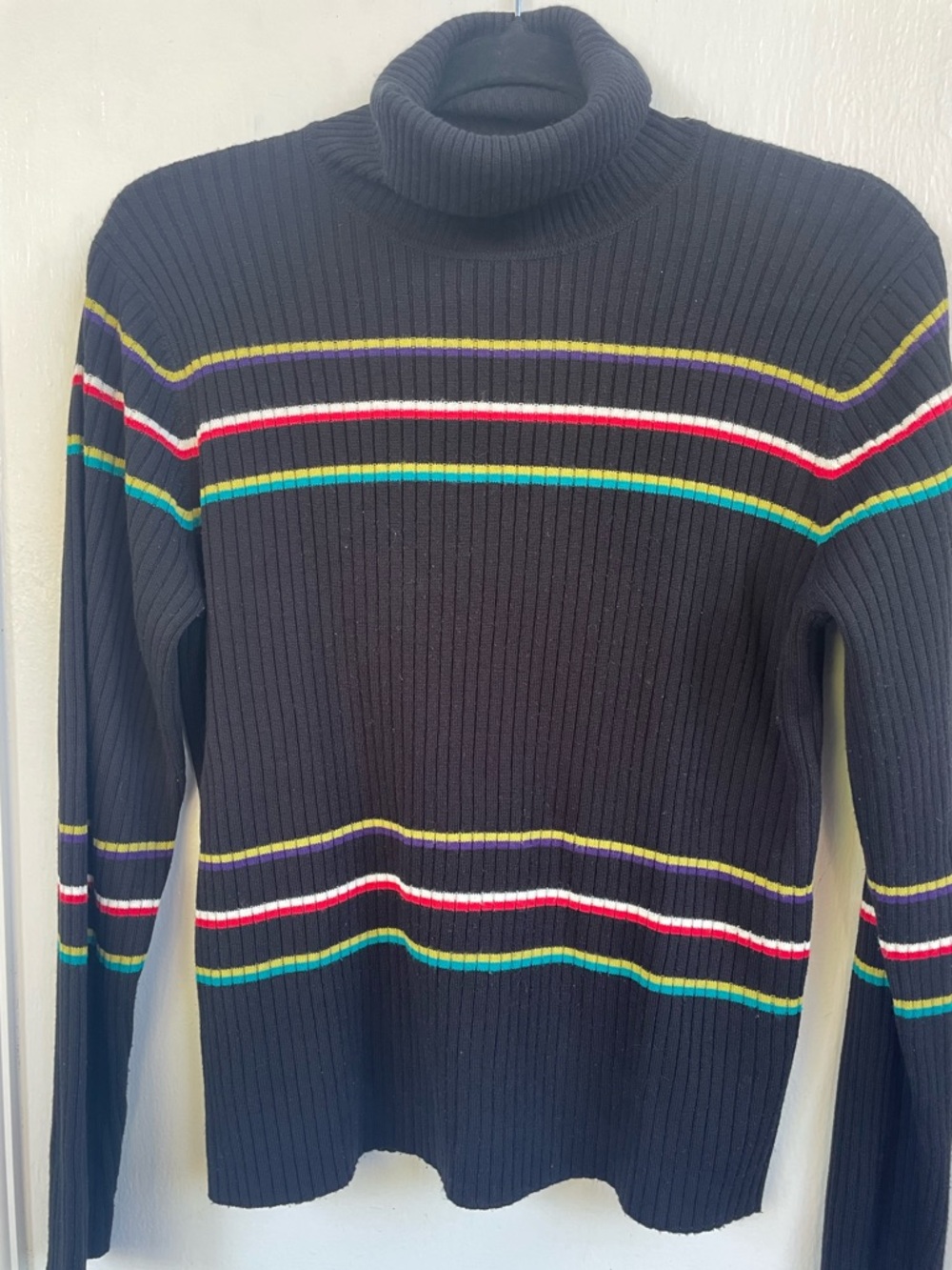 Black Striped Turtleneck Sweater - Classic Ribbed Knit